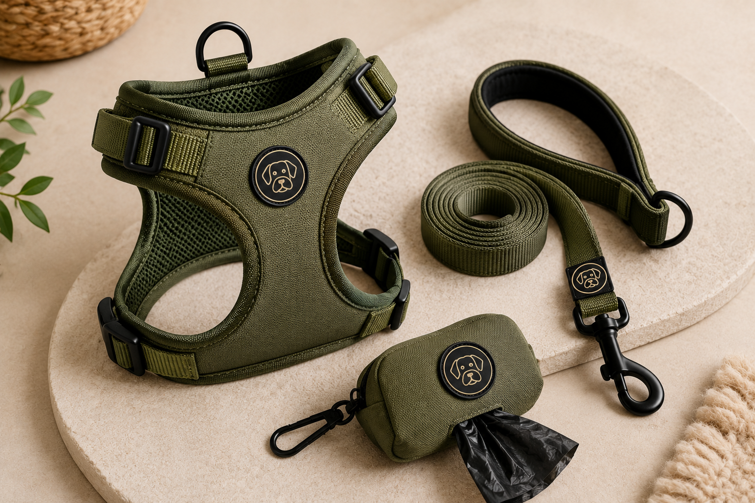 Kit de promenade premium : harnais en Y + laisse + pochette à sacs